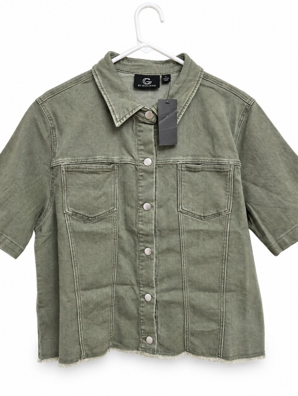 G by Giuliana Willow Green Denim Shacket Short Sleeve Raw Hem Size L NWT
